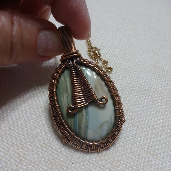 Rustic DENDRITE OPAL Handmade COPPER WIRE-WRAPPED Pendant/Chain #886B - Picture 2 of 3